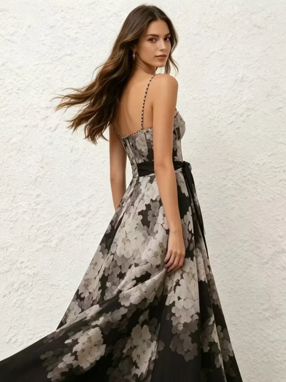 Black Floral Sweetheart Corset Maxi Evening Dress with Sash - Picture 5 of 7